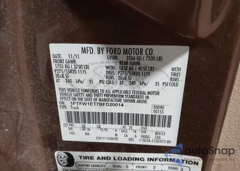 2011 Ford F-150 Lariat z USA, uszkodzony, nr VIN 1FTFW1ET7BFD20014